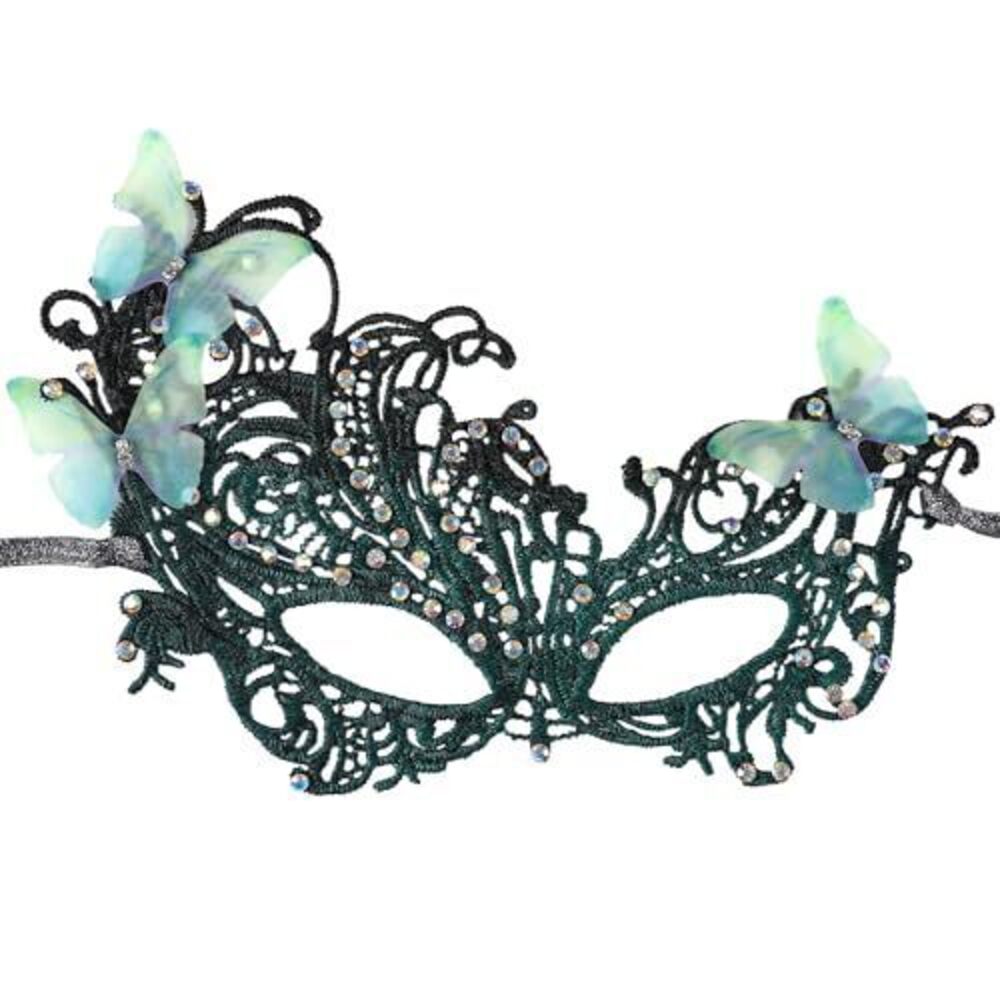 6058 Green Lace Masquerade Mask - Handmade Mysterious Colored Rhinestones